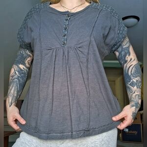 Knox Rose 100% Cotton Charcoal Gray Embroidered Babydoll Women's Top